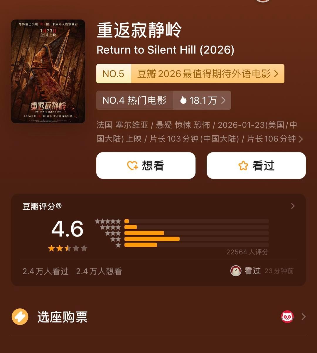 #重返寂静岭豆瓣评分4.6#【豆瓣评分4.6分，电影《重返寂静岭》口碑不佳】#重