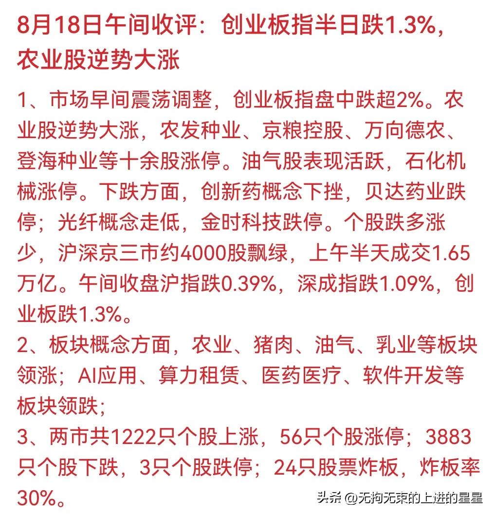 💥 刚刚！创业板半日跌1.3%，4000股飘绿！但农业股却十余股涨停，AI算力