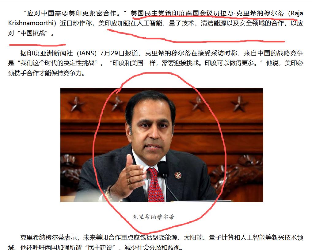 据印度亚洲新闻社7月29日报道，美国民主党议员印度裔克里希纳穆尔蒂在接受采访时称
