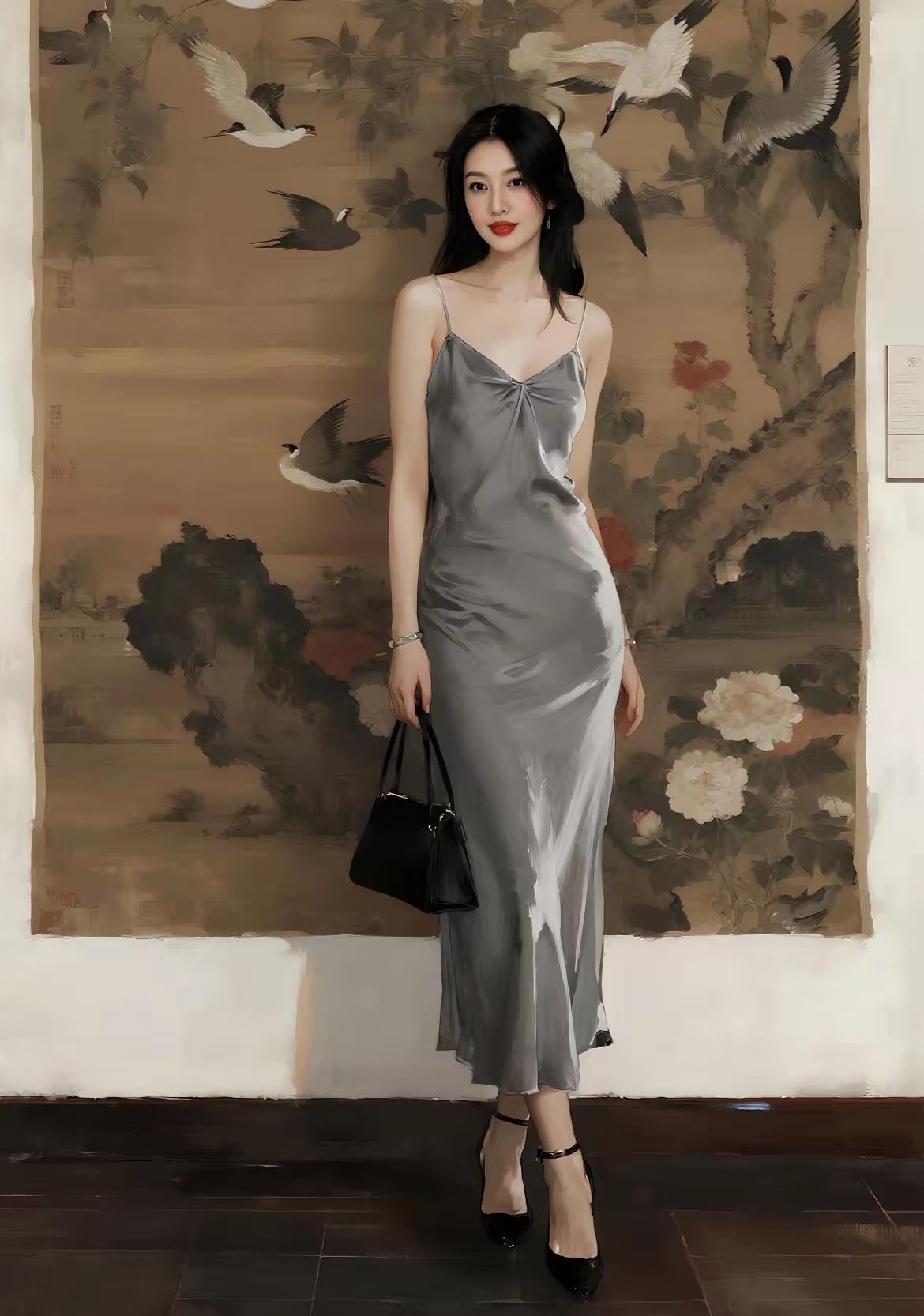 优雅东方韵味，黑发红唇，灰裙飘逸，手持黑包，背景花鸟画，尽显东方美。