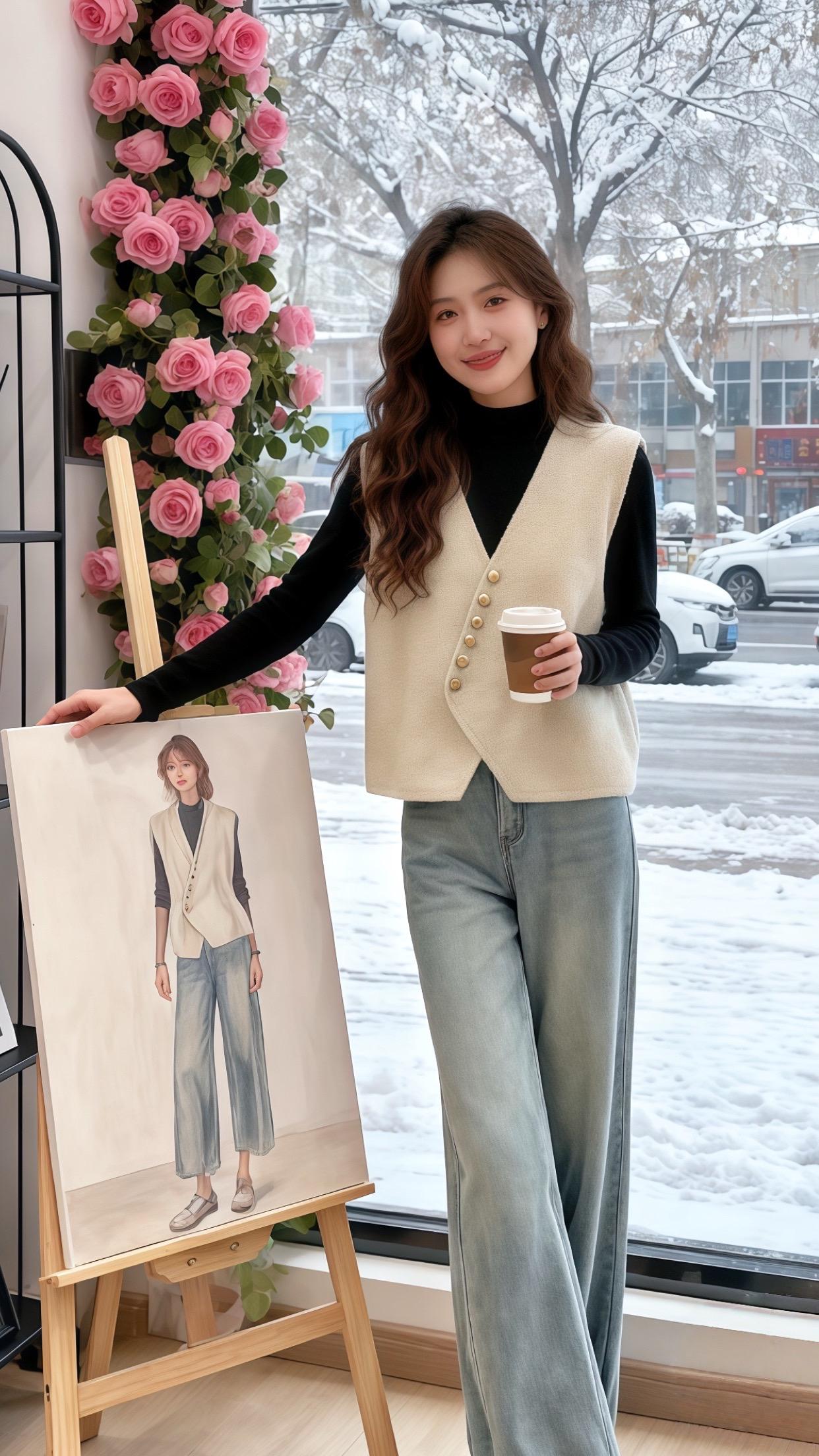 秋冬的穿搭层次，因这件斜排扣针织马甲有了灵魂。V领的设计是气质的留白...