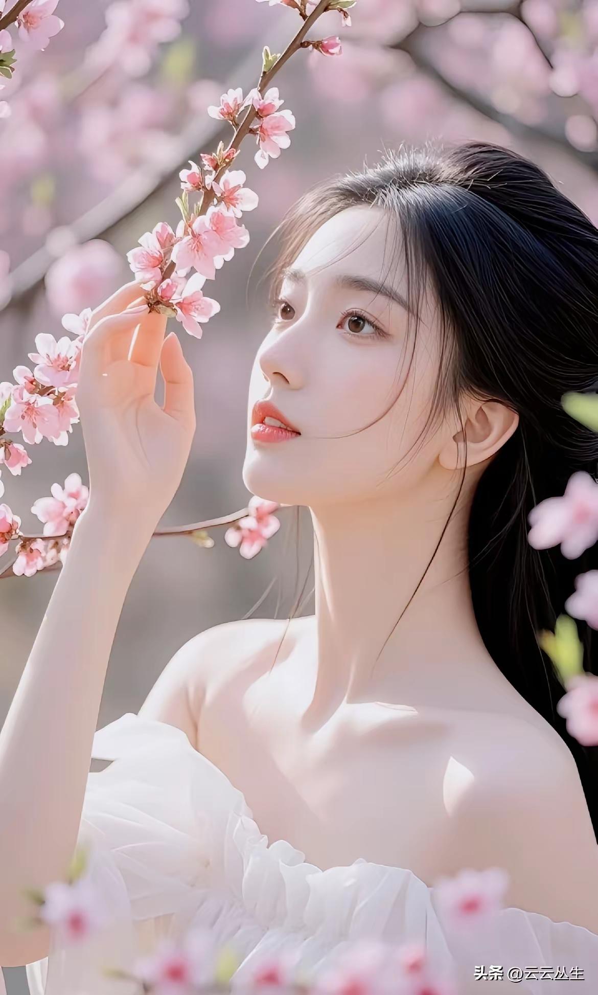 樱花树下，少女轻抚花枝，春意盎然。🌸💕