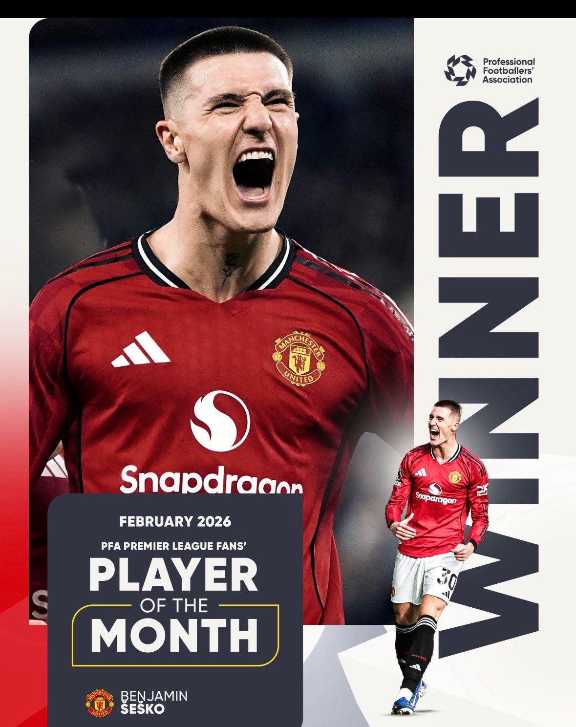 官方：谢什科当选球迷评选的PFA英超二月最佳球员曼联