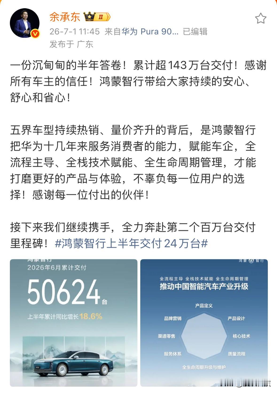 华为余承东：一份沉甸甸的半年答卷，鸿蒙智行累计超143万台交付，接下来继续携手，