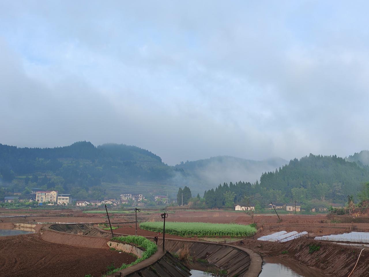 拍一张早晨的照片展现你美丽的家乡一个阴天的上午，远处的山笼罩在薄雾之中，近处是改