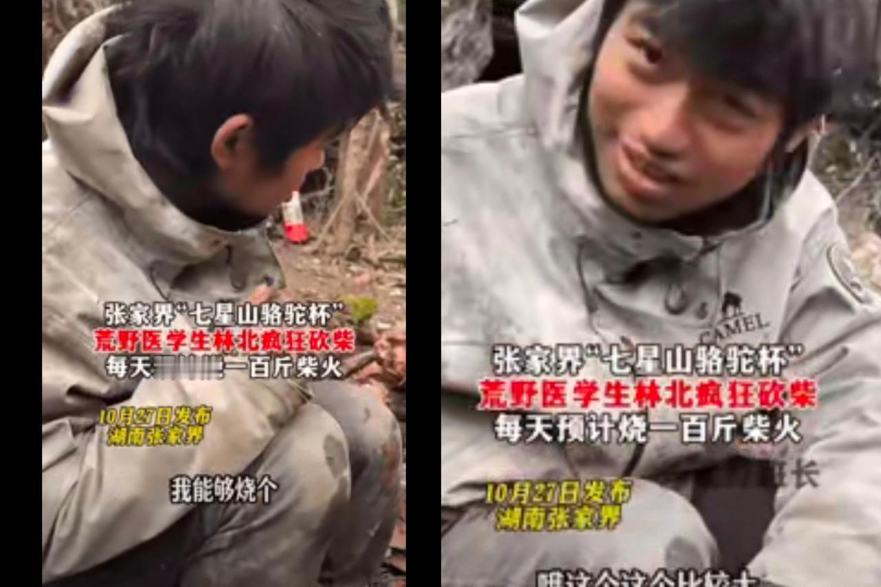 张家界那个叫林北的大学生，真把荒野求生玩明白了，一天烧一百斤柴，根本不是为了取暖