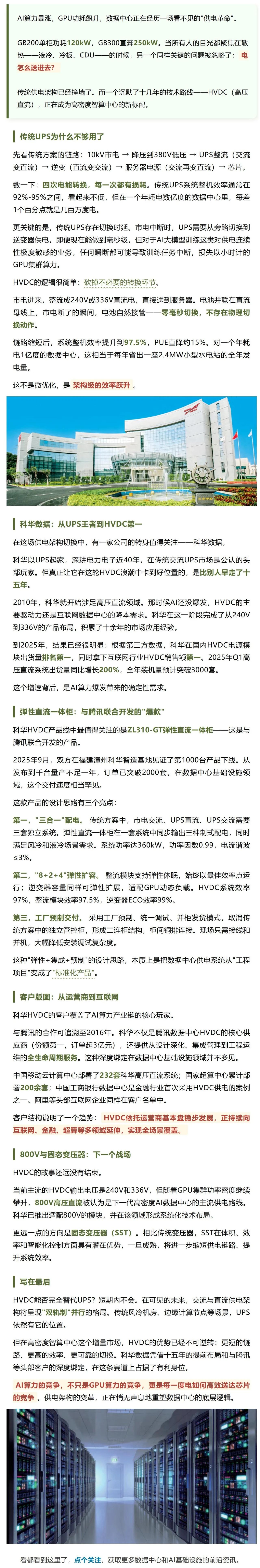 AI算力供电隐形冠军，科华数据HVDC抢占数据中心供电市场
 
AI大算力集群功