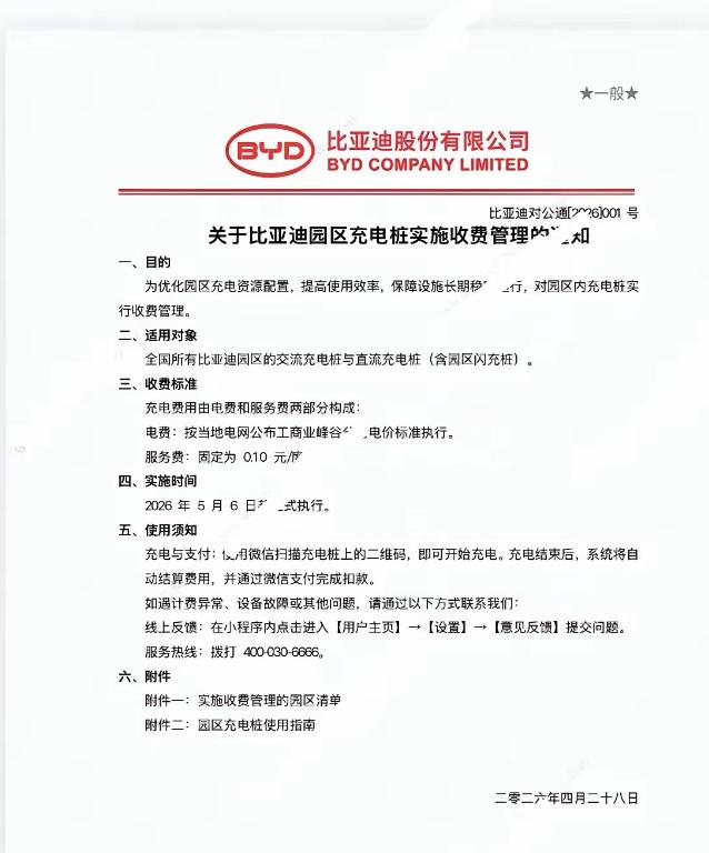 比亚迪调整园区充电福利，员工日常用车成本出现增加。

5 月 6 日，比亚迪落地