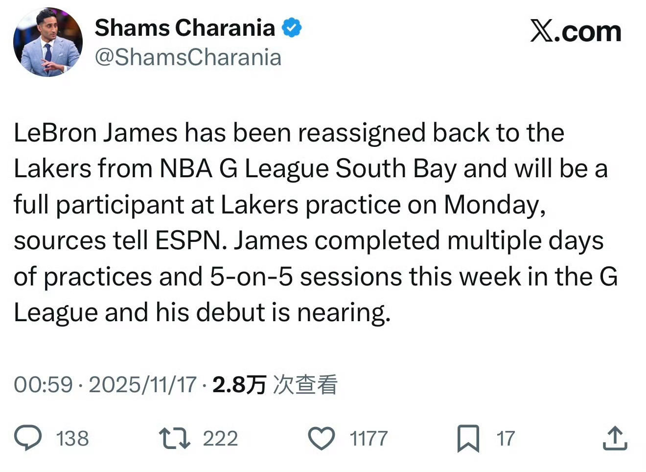 我的新赛季马上要来了！Shams：詹姆斯已从NBA发展联盟南湾湖人队被重新调回洛
