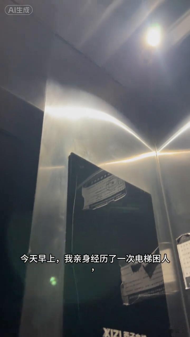 一个人被困电梯轿厢。
今天早上我亲身经历了一次电梯困人，一个人被关在电梯轿厢里面