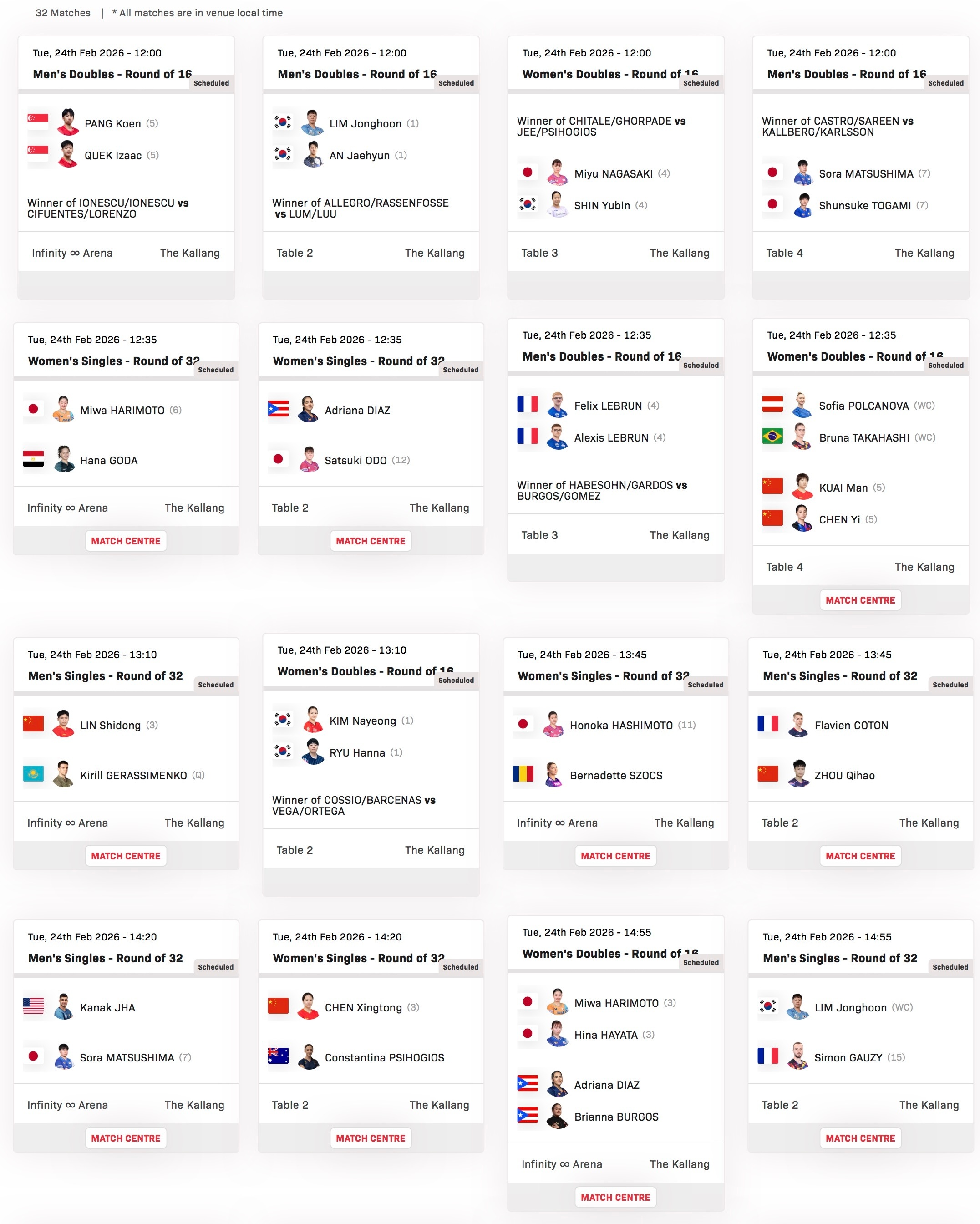 WTT新加坡大满贯2026 中国队2月24日赛程12:35蒯曼/陈熠🇨🇳vs