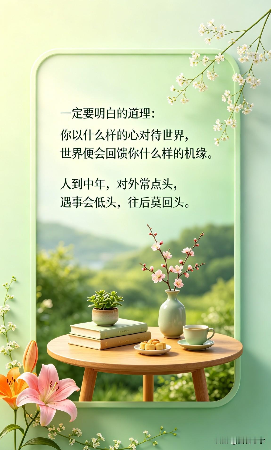 一定要明白的道理：你以什么样的心对待世界，世界便会回馈你什么样的机缘。人到中年，