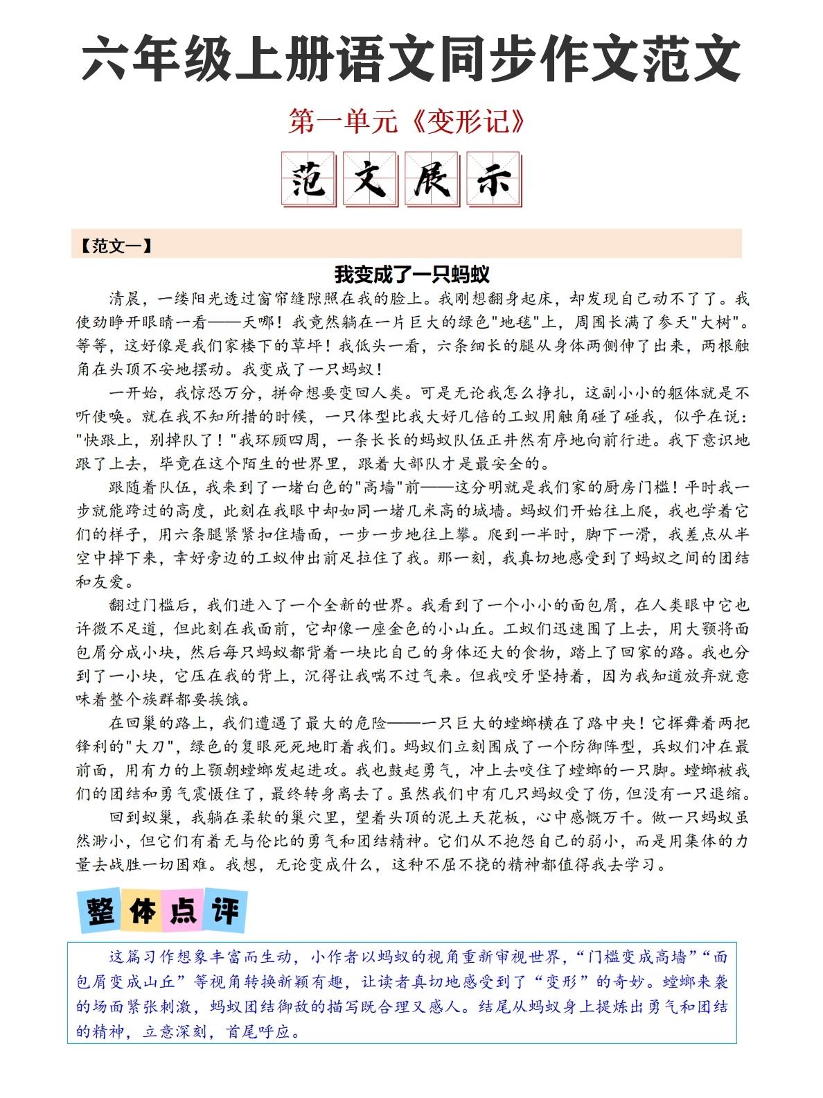 六年级上册语文，第一单元《变形记》同步作文范文，收藏参考学习~