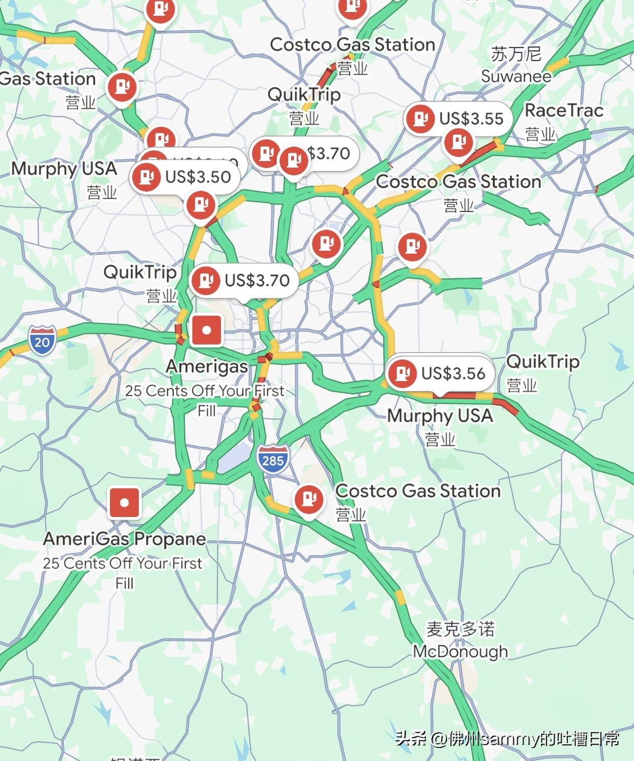美国各大城市实时油价！这些都是google地图上的城市加油站现在的价格，这些城市