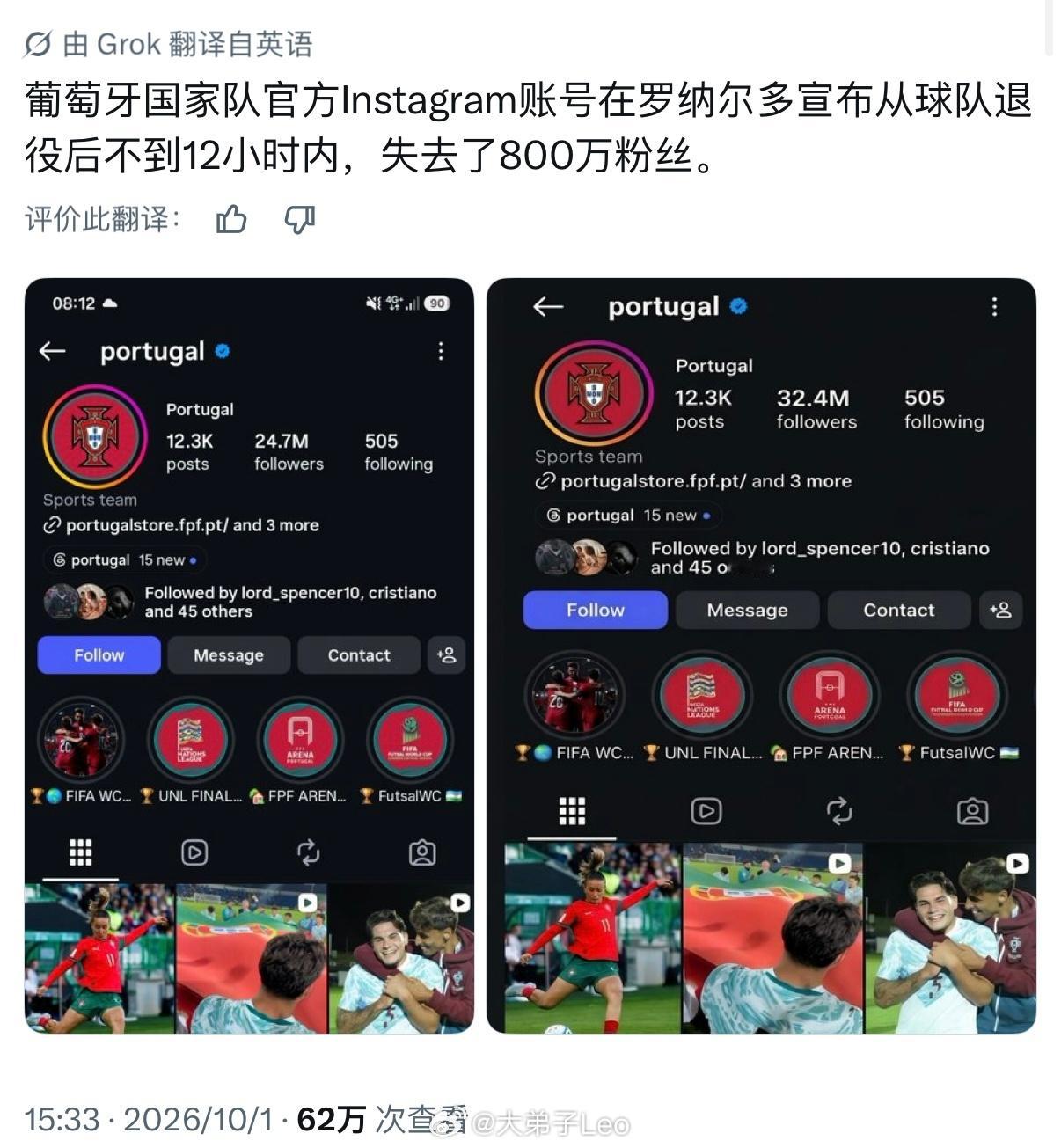 C罗离队12小时，Instagram葡萄牙官方账号掉了800万粉丝  c罗宣布离