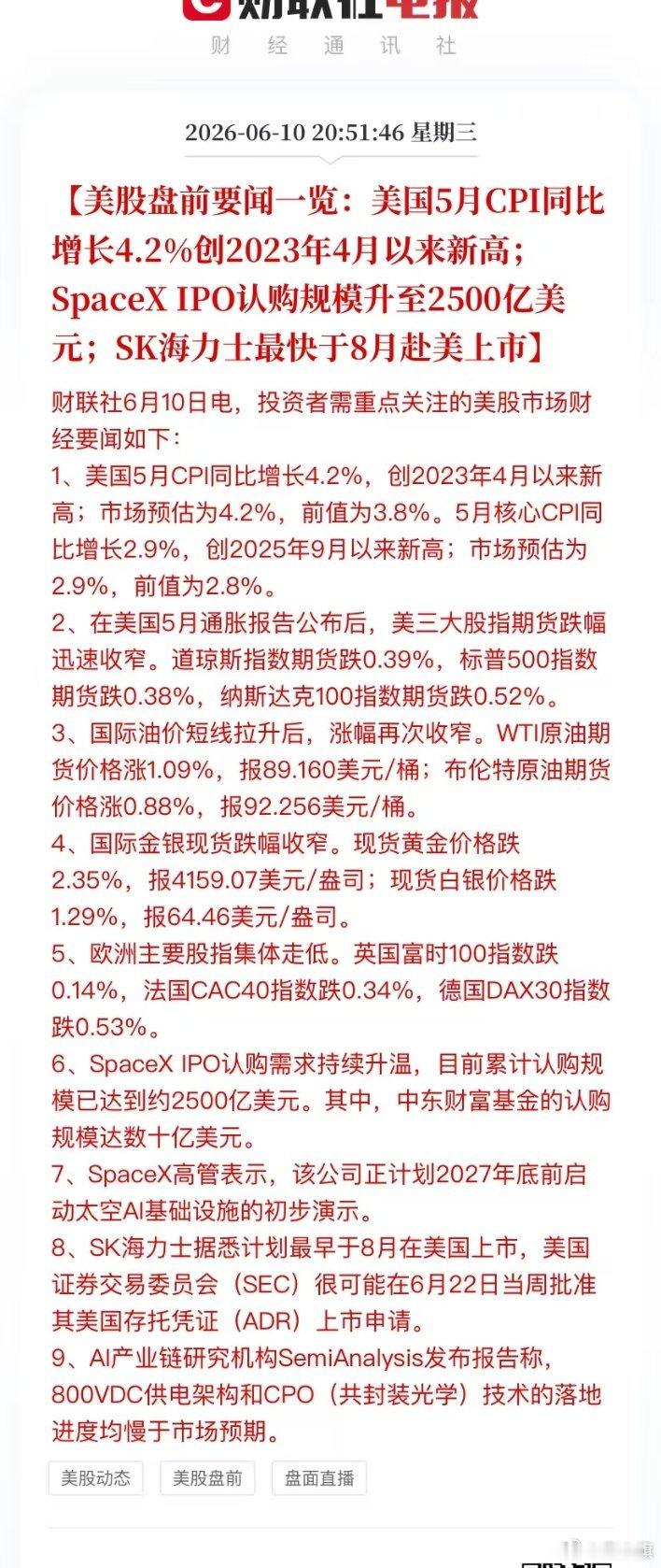 重磅太大了！！！【美股盘前要闻一览：美国5月CPI同比增长4.2%创2023年4