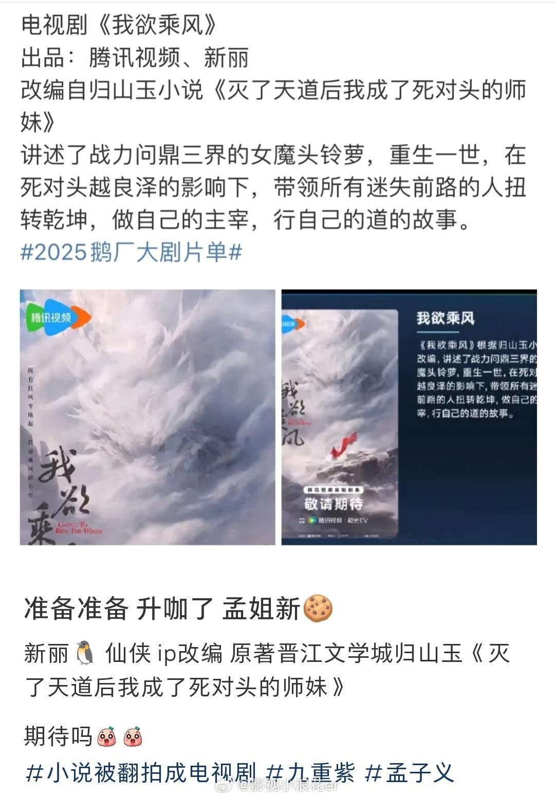 孟子义新🫓新丽🐧 仙侠 ip改编原著晋江文学城归山玉《灭了天道后我成了死对头