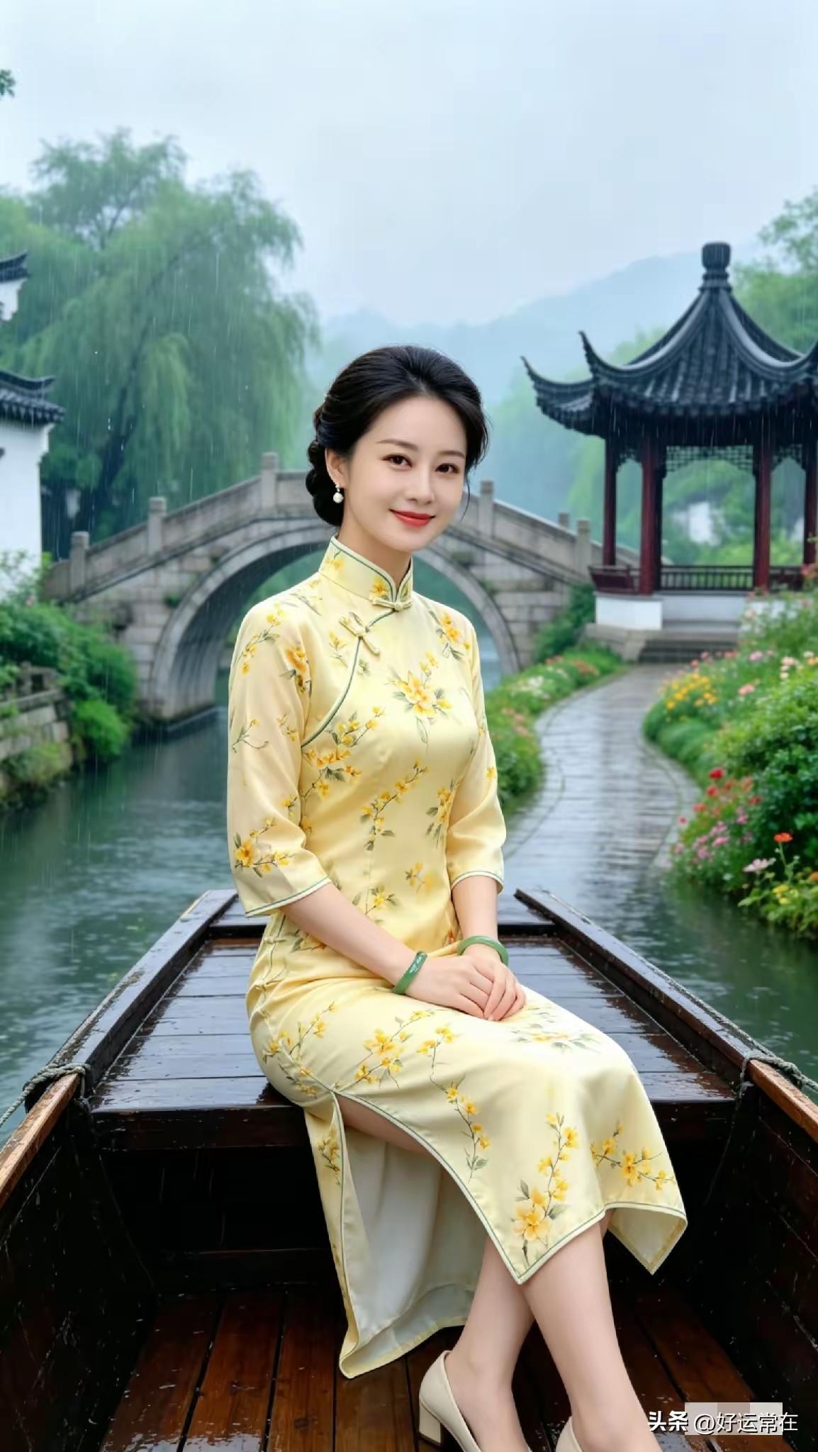 她穿着旗袍在雨中坐船。