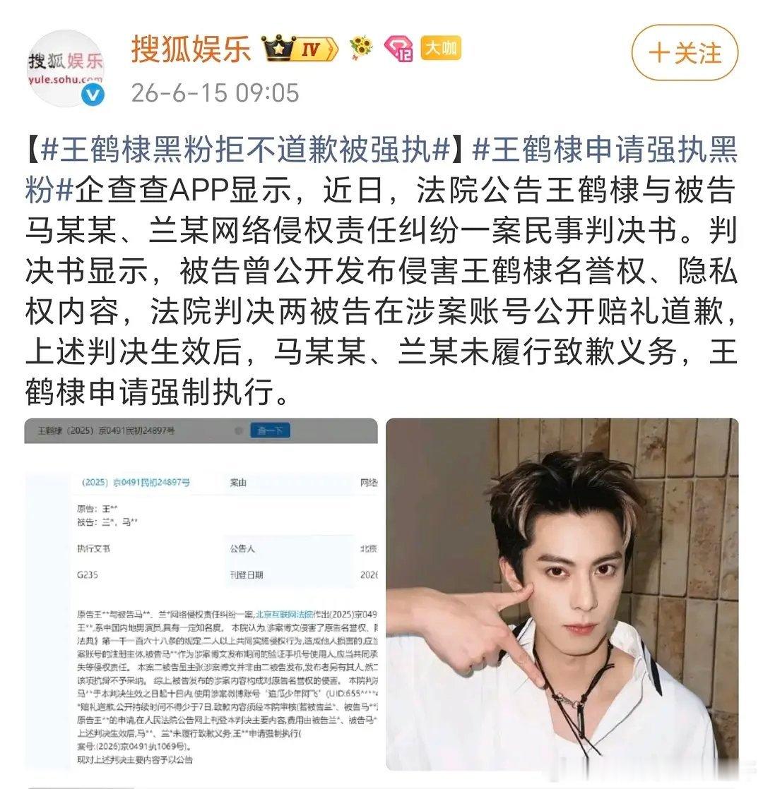 侵权王鹤棣的狗仔被强制执行，支持维权