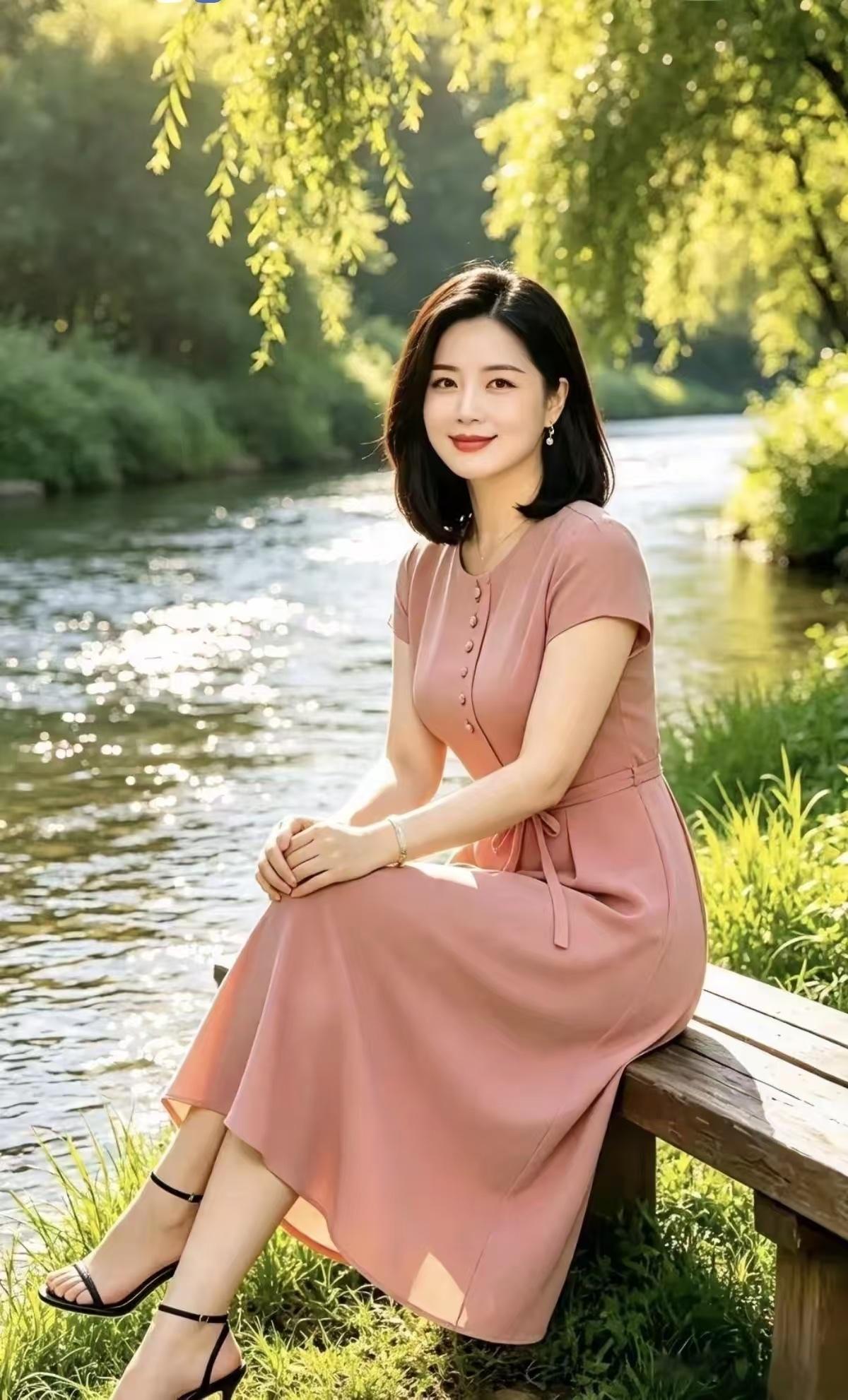 高楼隐于翠霭，清波映尽云天；优雅佳人闲坐河岸，云鬟垂翠，素袂凝雅，珠链流光，浅笑