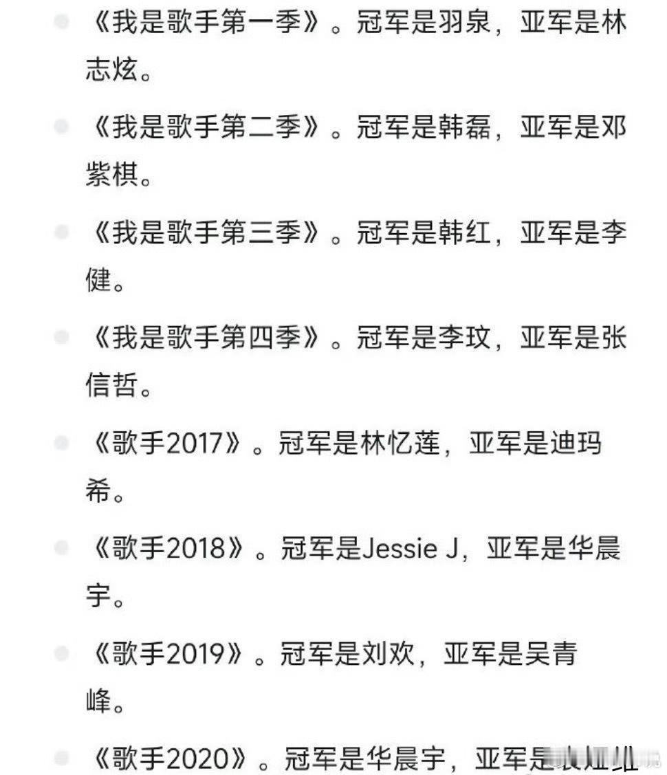 #我是歌手[超话]# 《我是歌手》的历届歌王一览，你觉得谁最强谁最水？ #歌手2