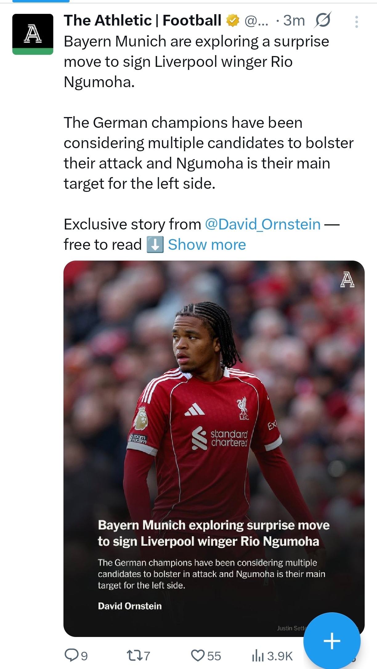 The Athletic David Ornstein独家 拜仁慕尼黑探索从利物