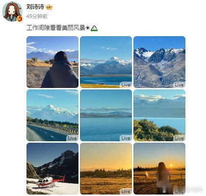刘诗诗的风景作品涵盖春日田野、雪野、山水等主题，构图唯美且充满“生活感”。例如，