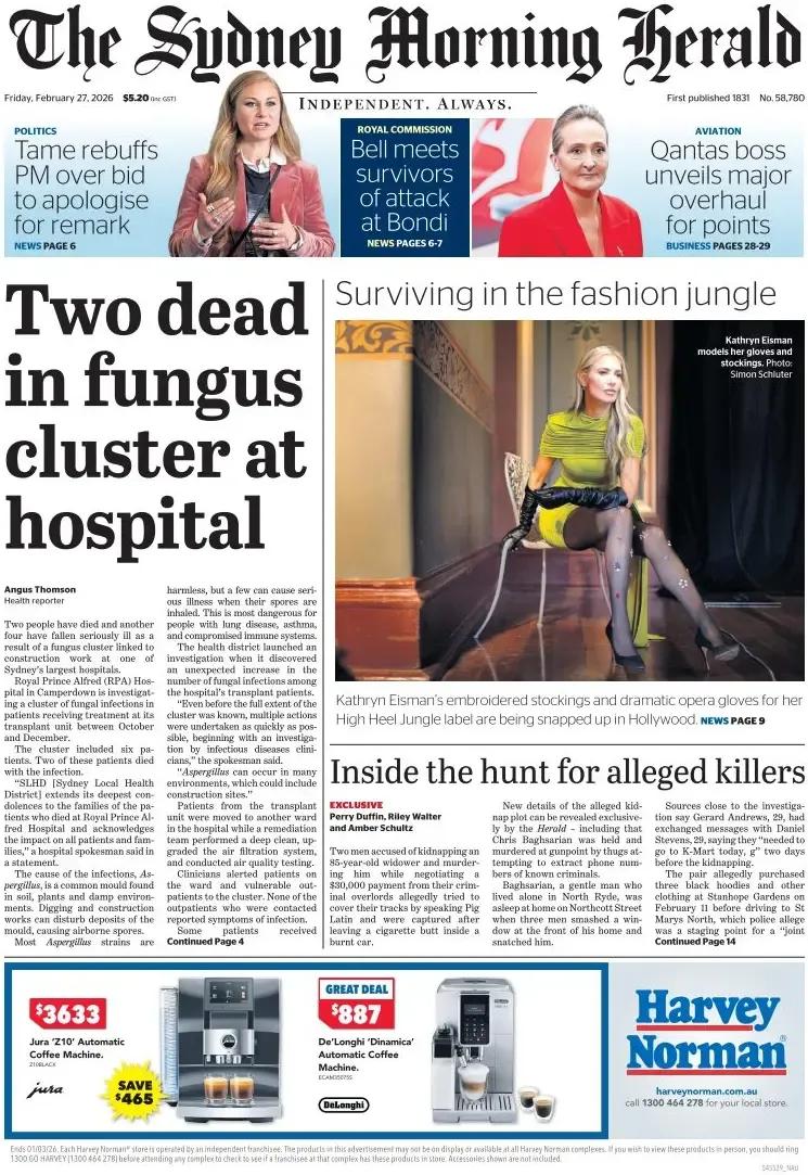 《悉尼先驱晨报》头版报道称，澳大利亚的医院真菌群聚事件中有两人死亡。

真菌大多