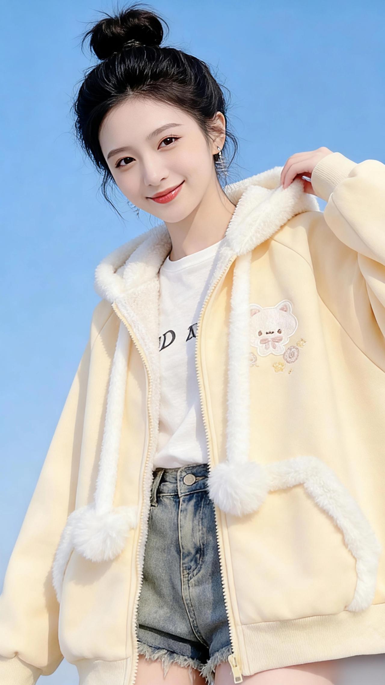 在被蓝天铺得透亮的冬日里，她像一颗刚剥好的糖心蛋，暖黄的外套蓬松又柔软，裹着二十