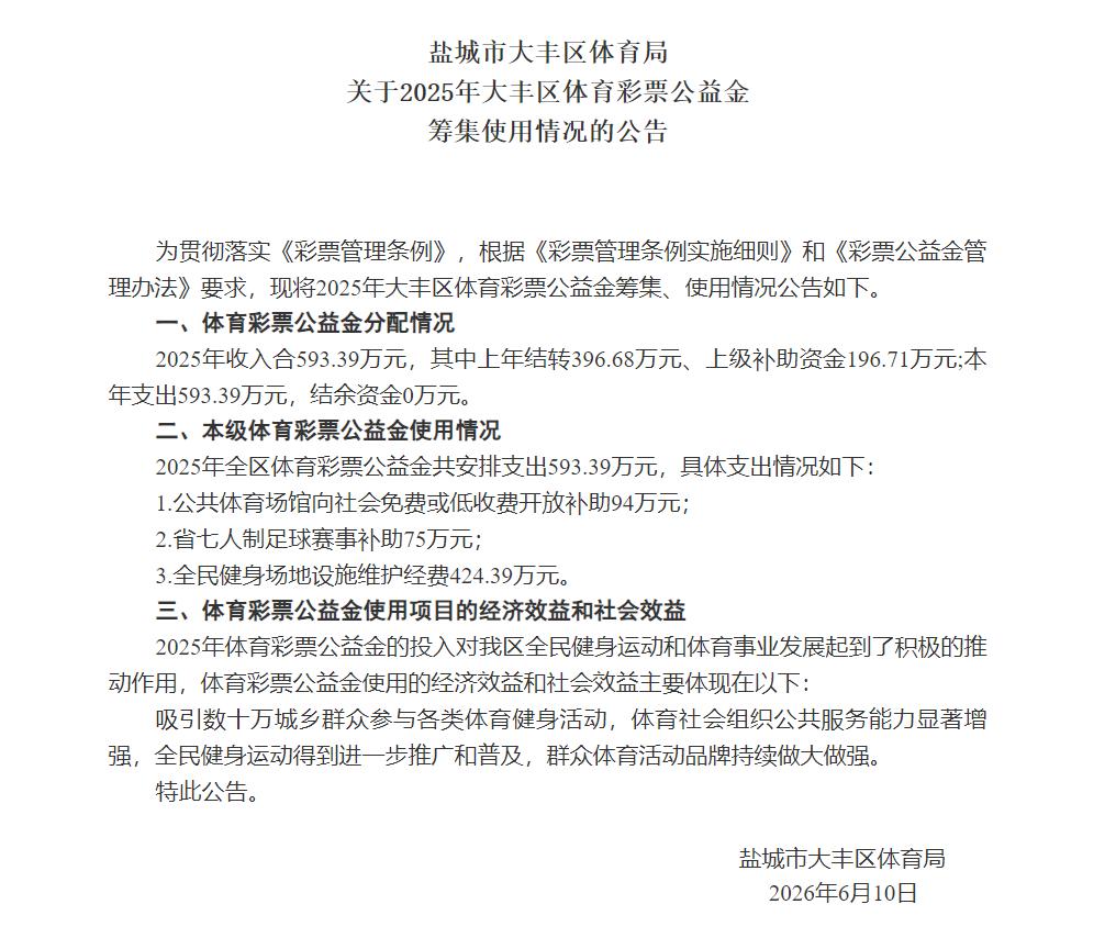 盐城市大丰区体育局发布2025年体育彩票公益金筹集使用情况公告，当年收入合计59
