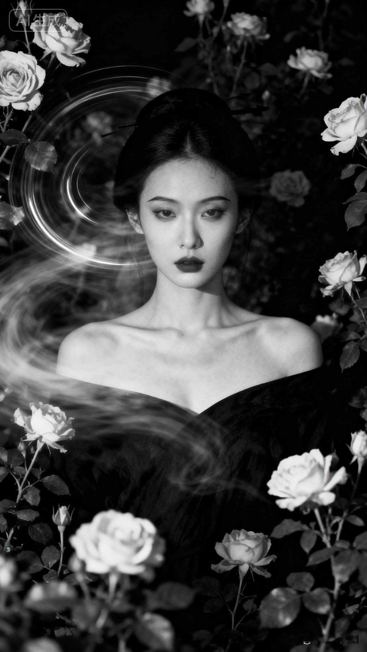 黑白色调下的玫瑰少女，复古优雅，尽显魅力。