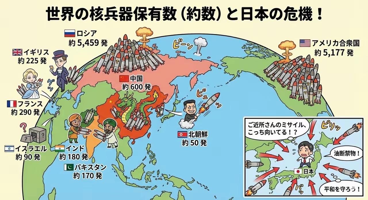 这是一张别有深意的图片，世界各国核武器的保有量，不过日本漏掉了他自己的保有量-2