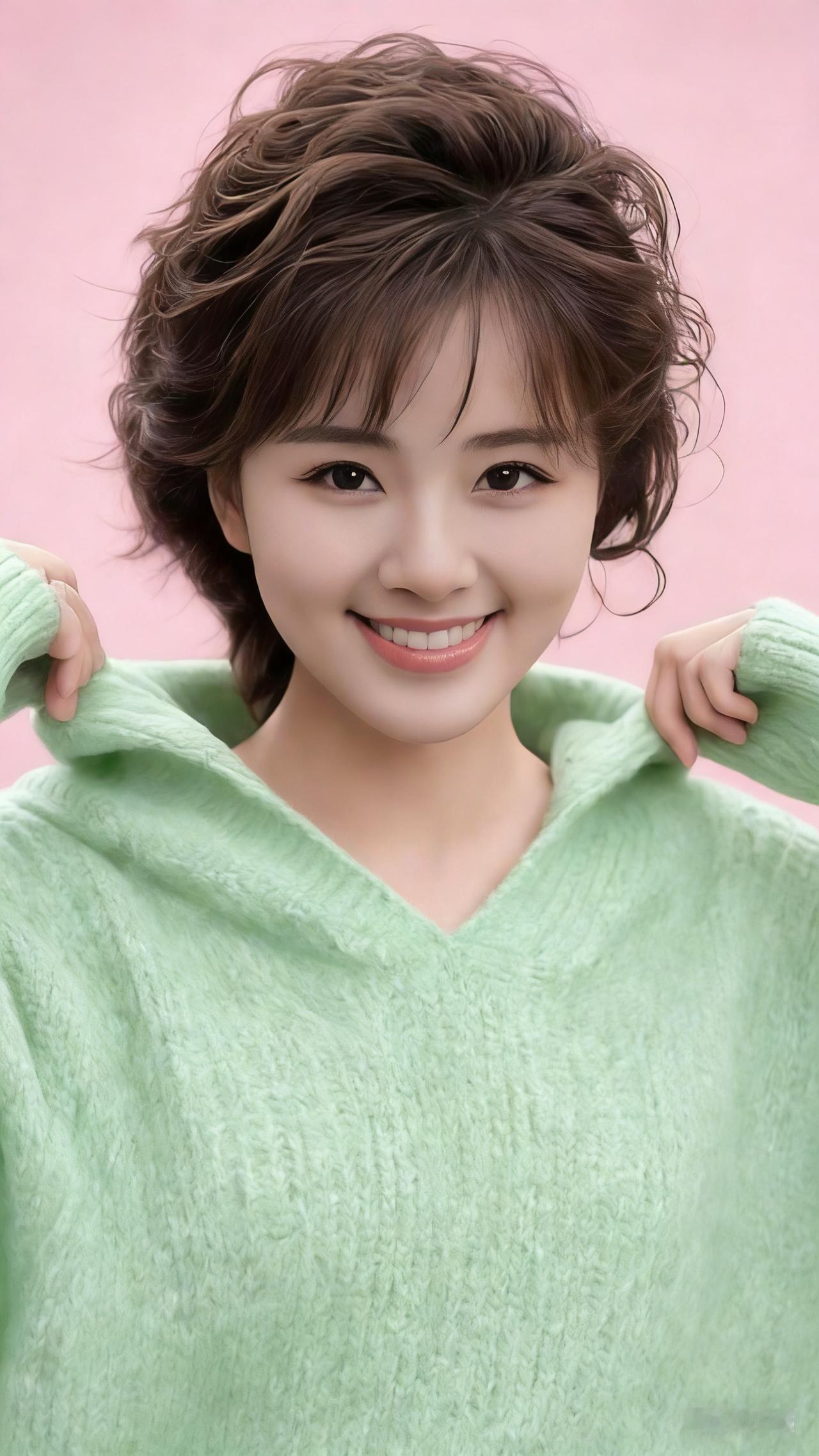 这位美女穿着绿色毛衣，笑得很甜，开起元气满满的一天。