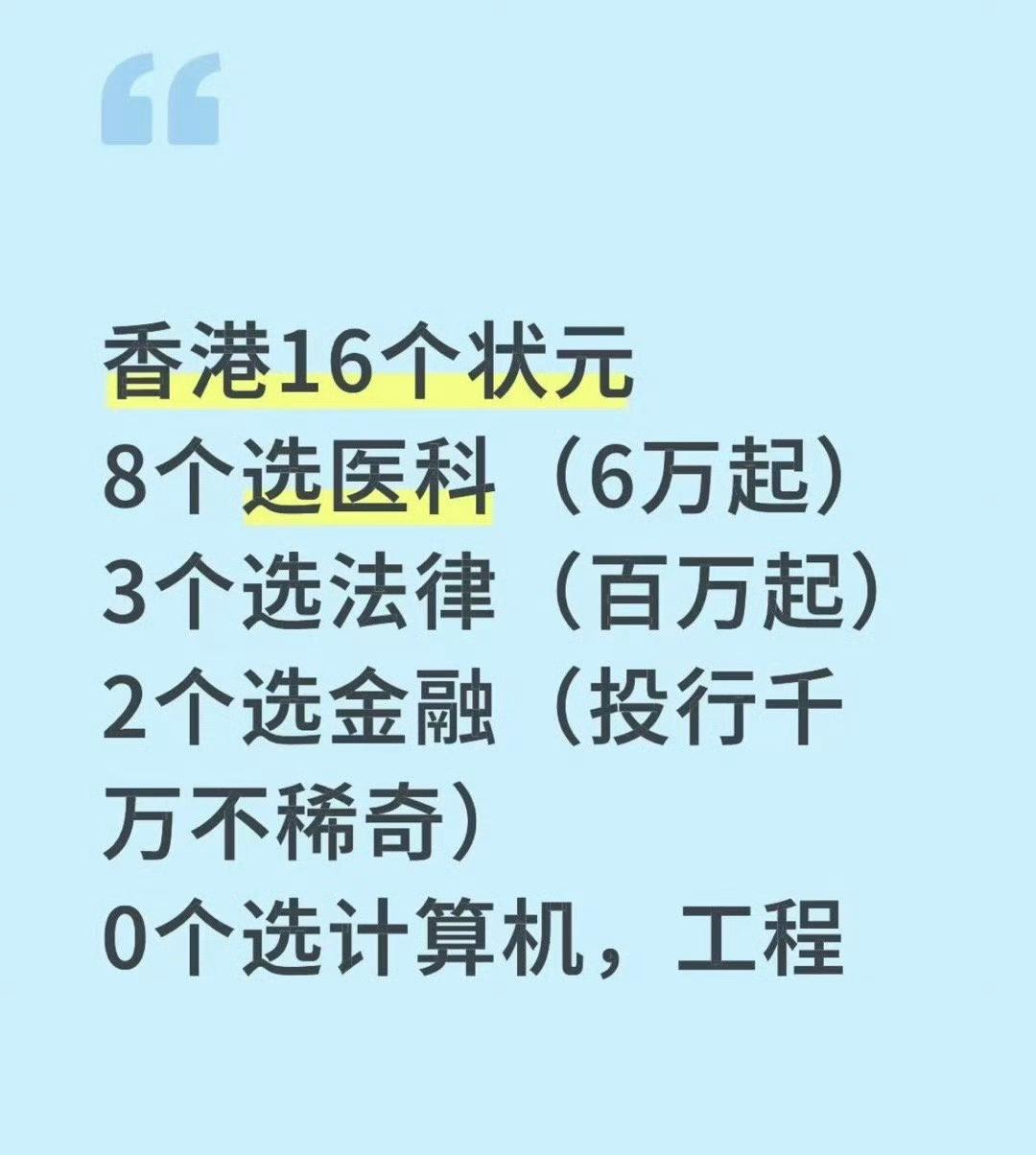 香港高考16个状元们都选什么专业，8个读医生，3个选法律，2个读金融，剩余其他。