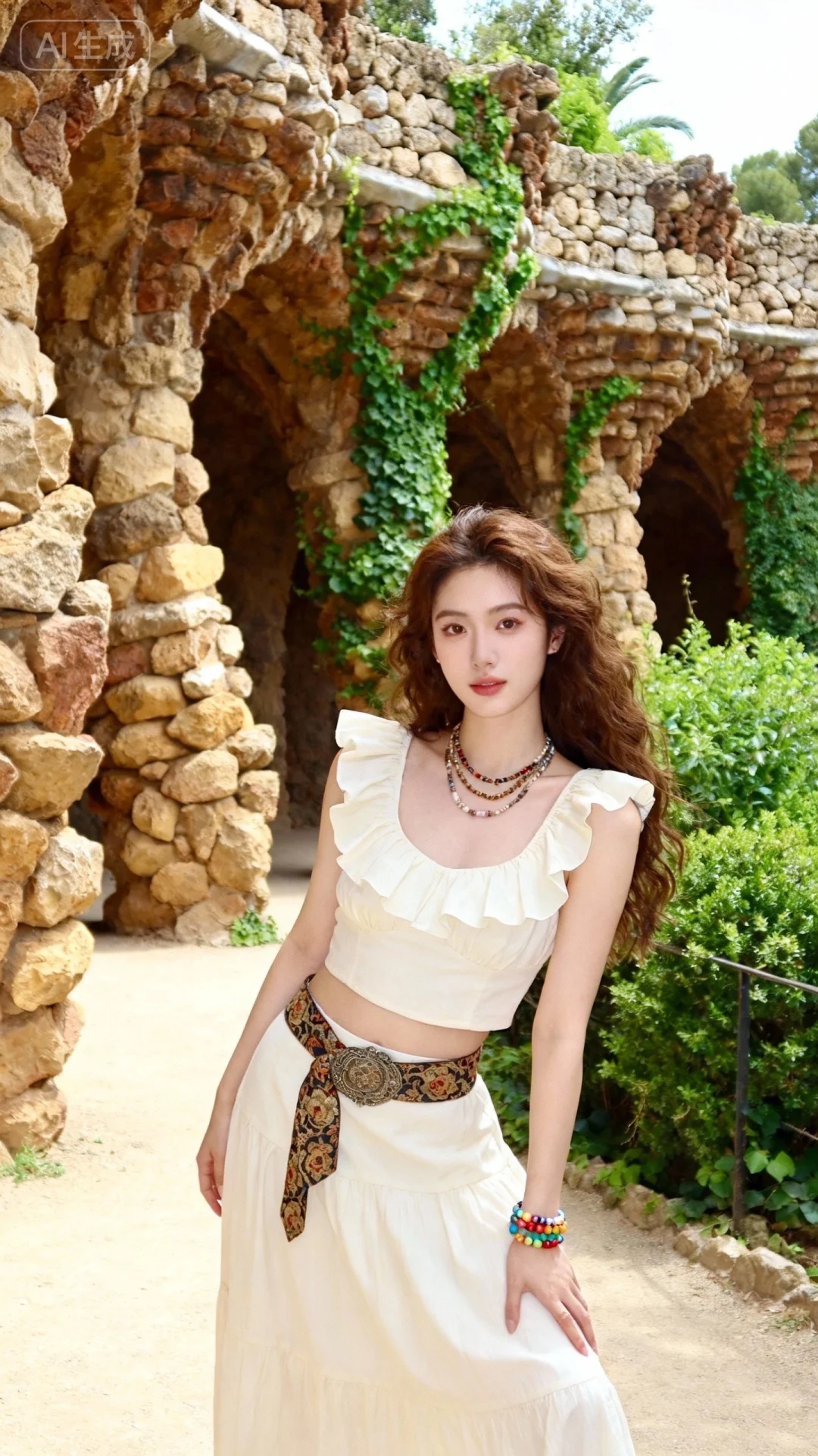 一位年轻亚洲女子在巴塞罗那古埃尔公园的石质拱廊景观中摆拍，冷白皮，妆容自然，姿势