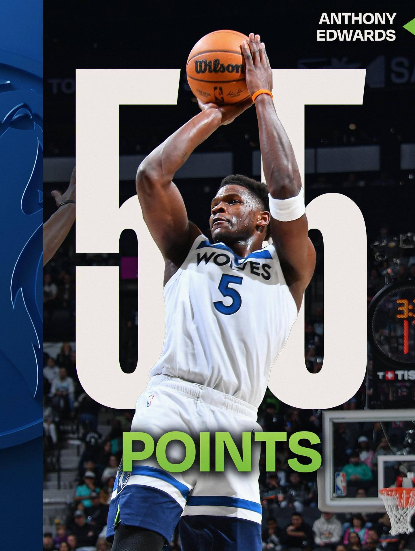 爱德华兹55分生涯新高森林狼vs马刺 NBA常规赛森林狼对阵马刺，上半场森林狼落