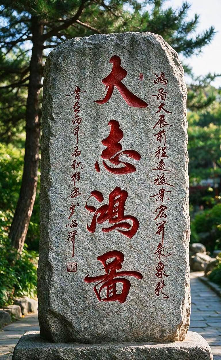 维安原创书法作品。AI书法红文石雕景