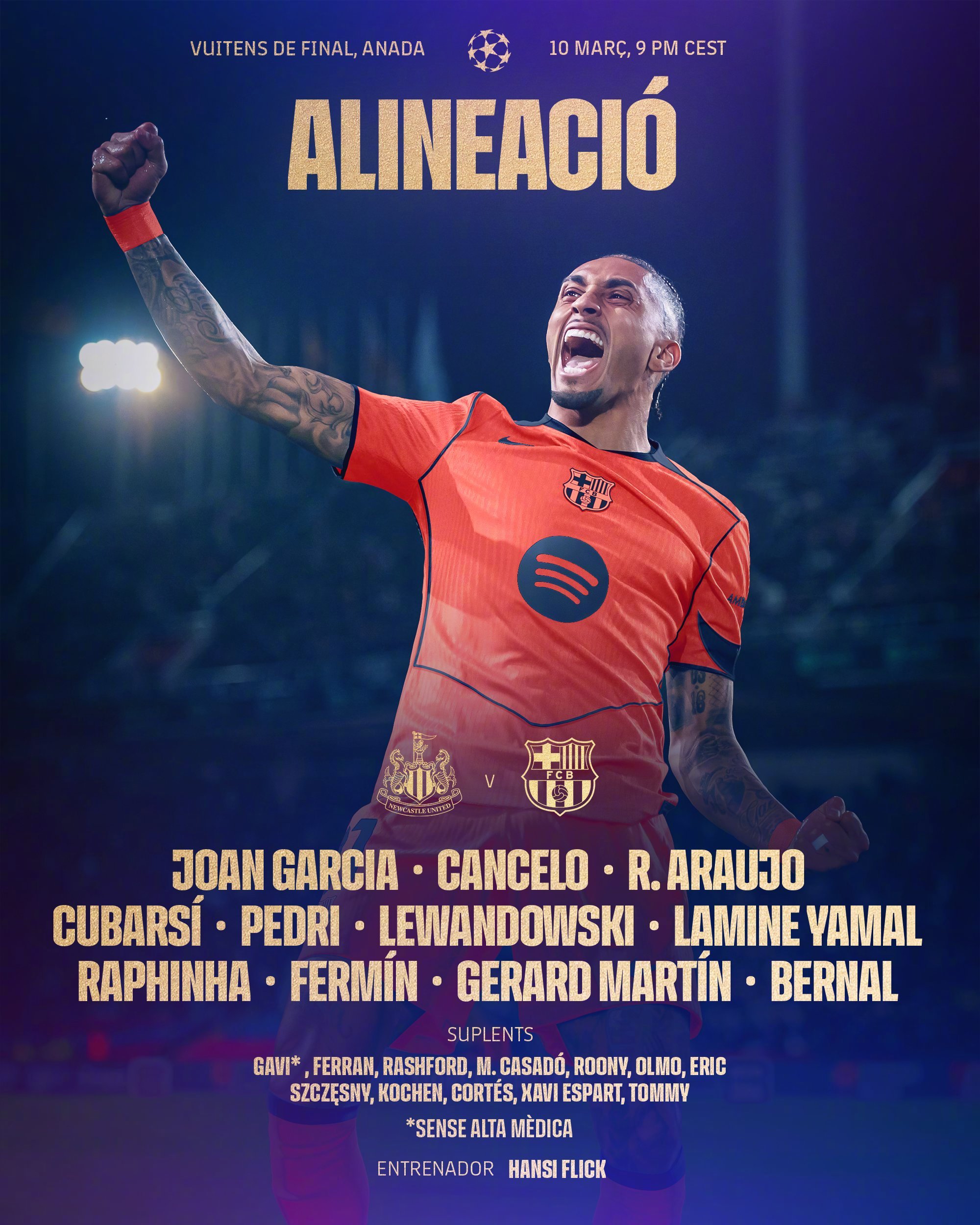 纽卡斯尔联vs巴萨 🔥首发十一人🔥13. 乔安·加西亚 2. 坎塞洛 4. 