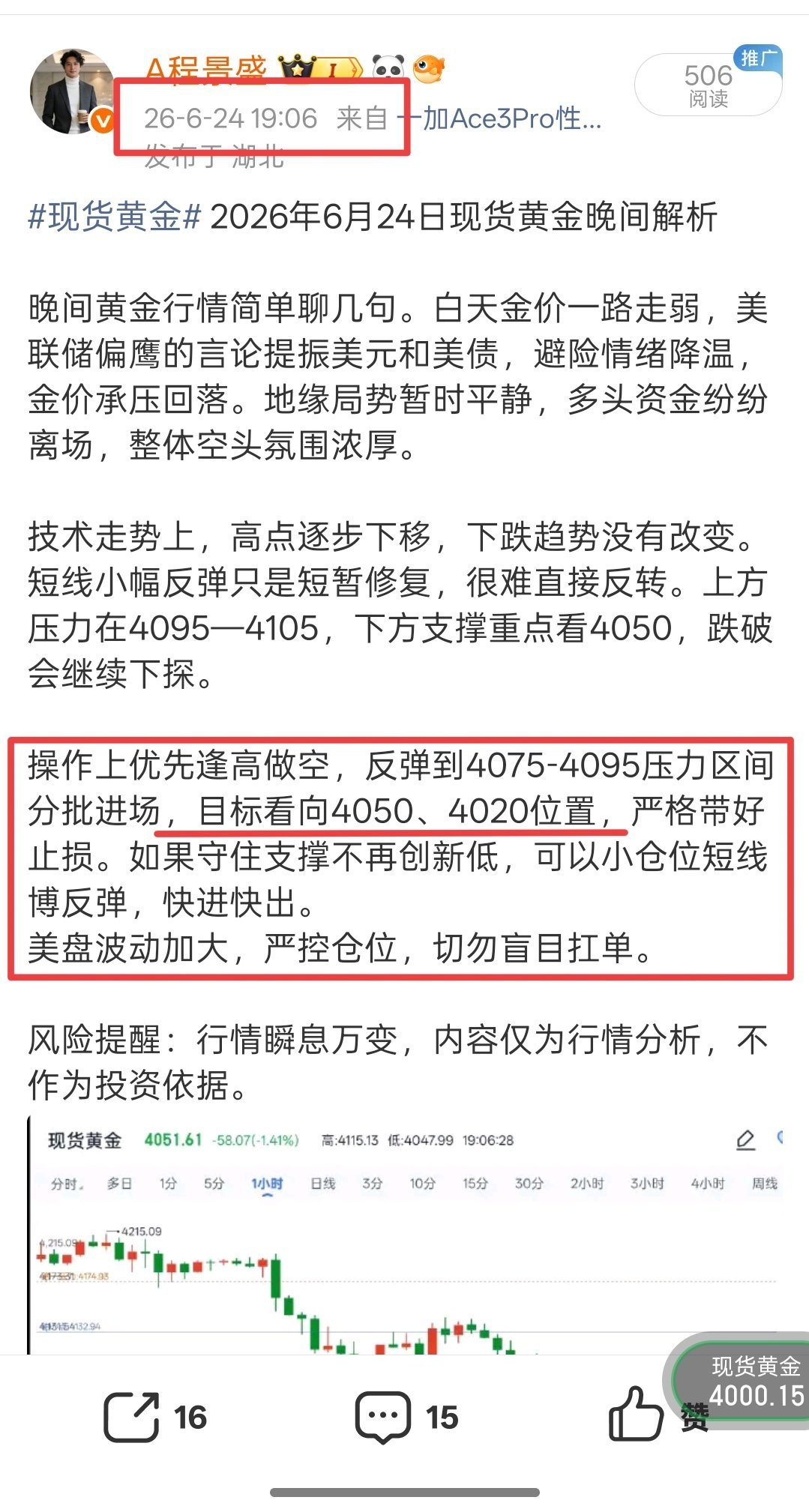 早间就已提示高空策略为主，行情反弹至4056附近承压回调，最低下探至3971附近