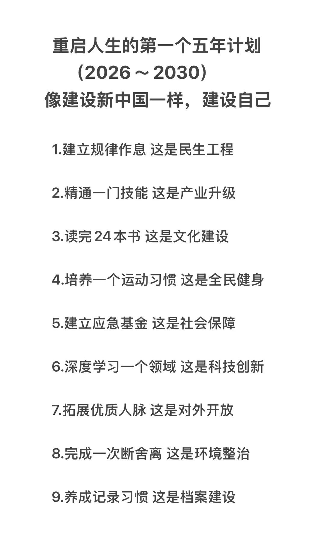 像建设新中国一样，建设自己。
重启人生第一个五年计划（2026～2030）
像建