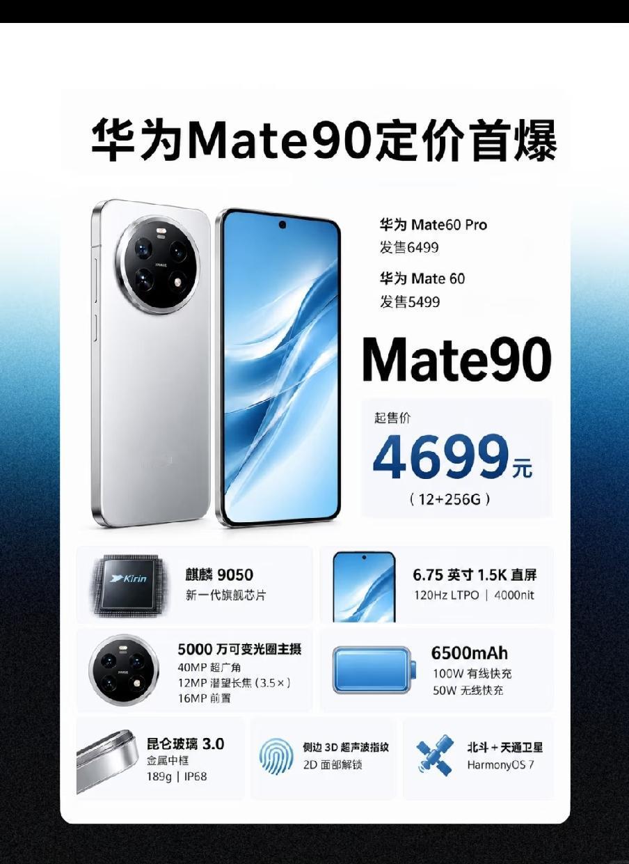 华为Mate90系列爆料
 
   华为Mate90系列定价曝光，标准版12+2