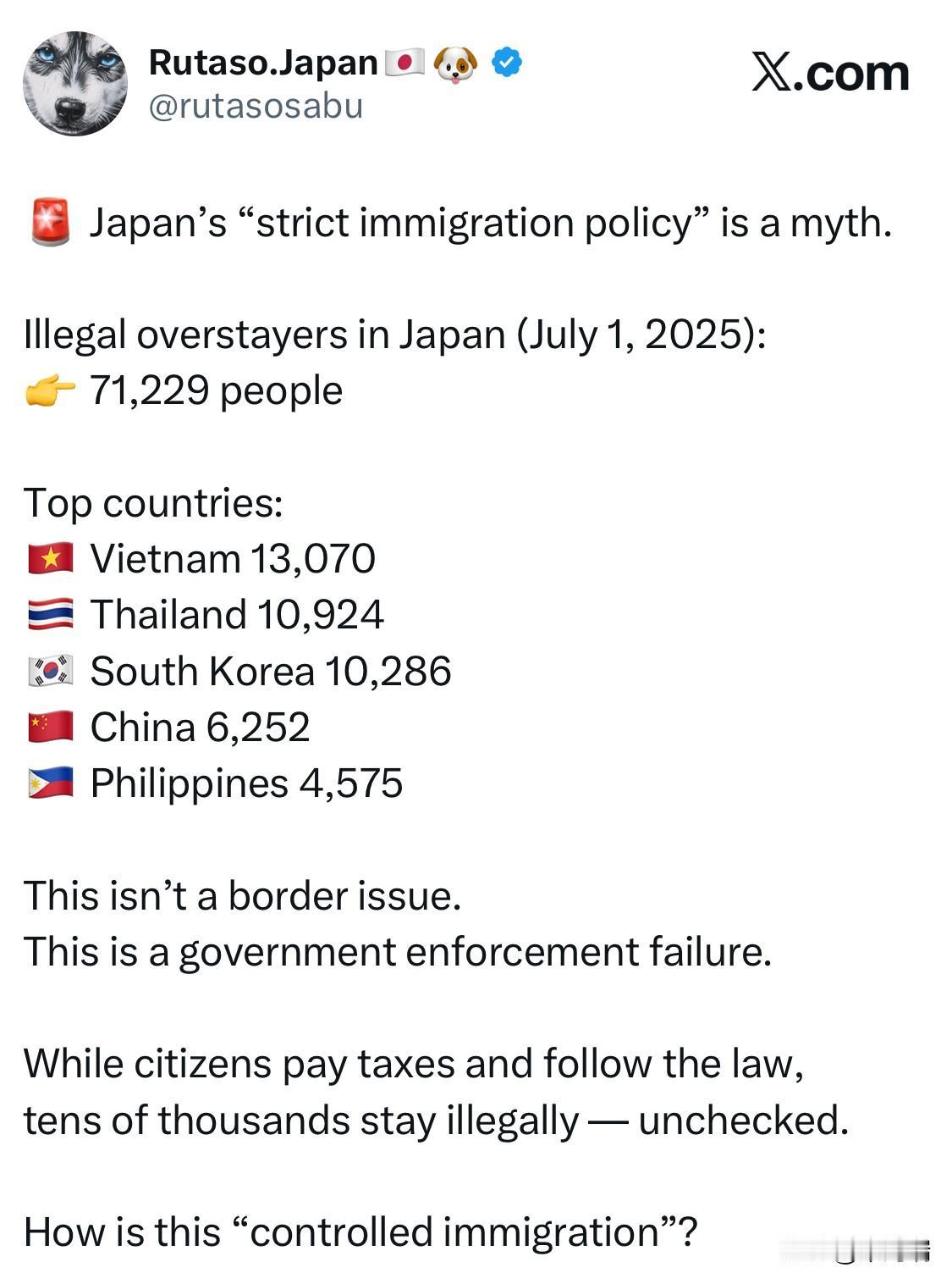 日本的“严格移民政策”是一个神话。

日本境内的非法逾期居留者（截止2025年7