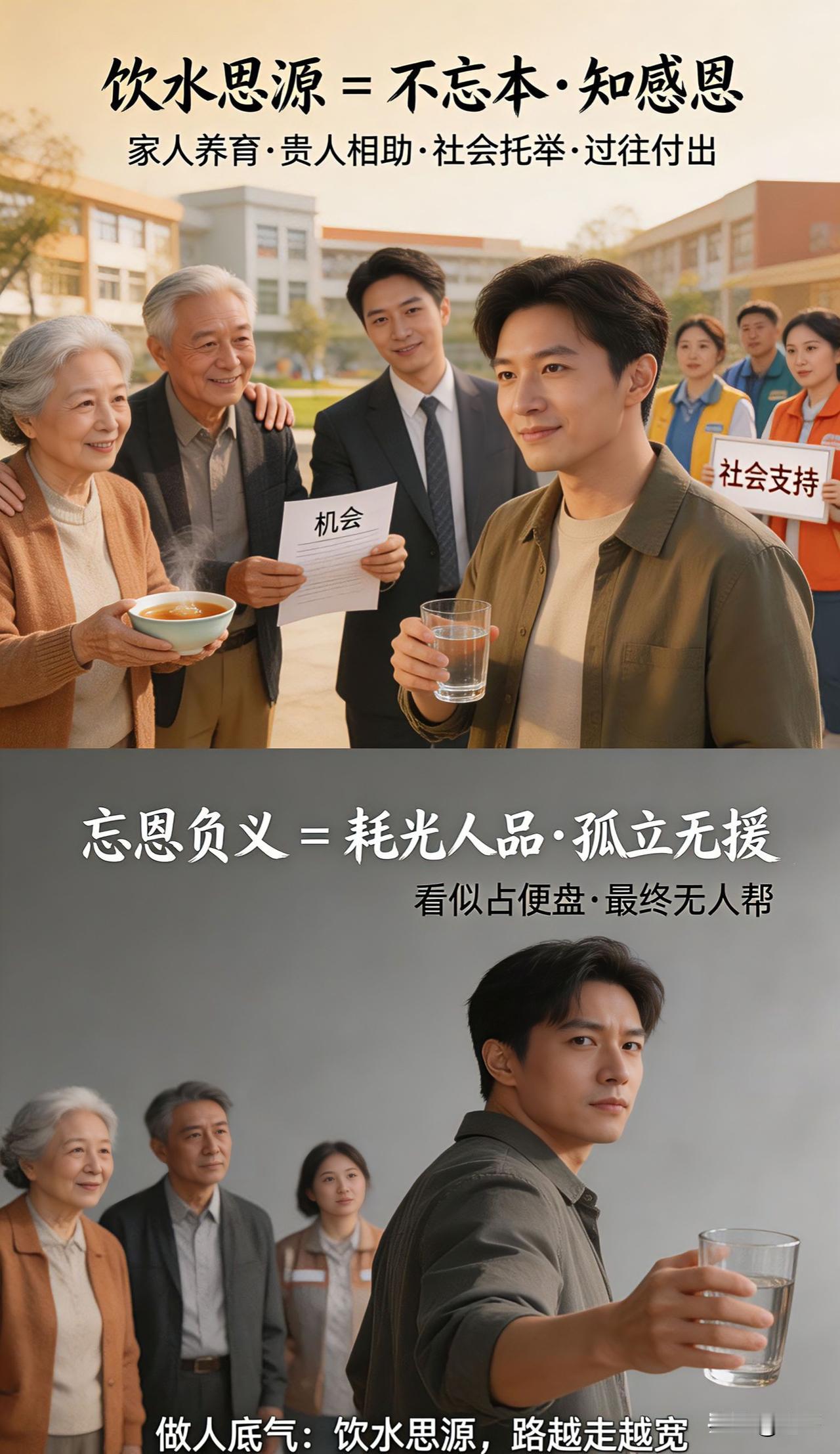 我非常认同。
 
饮水思源，简单说就是不忘本、知感恩：
今天的安稳、机会、成就，