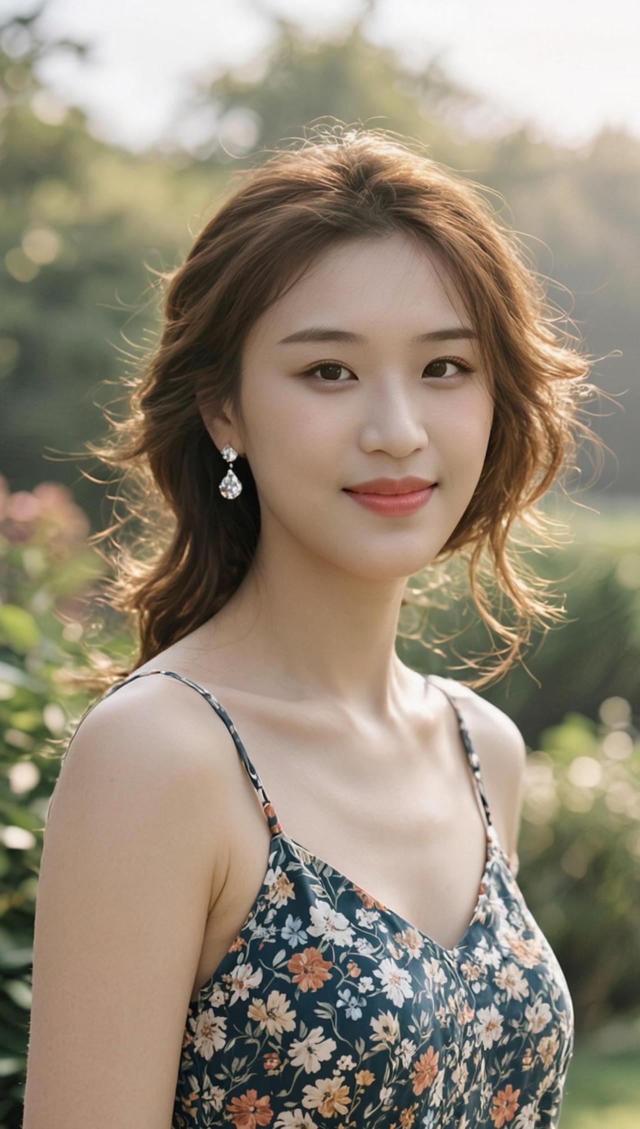 风穿过发梢，轻抚过肩头的碎花裙摆，像一封未寄出的信，写满了春日的温柔与静谧。阳光