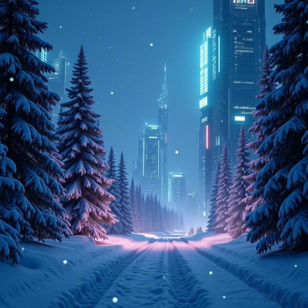 雪花轻舞在未来科技城市，霓虹灯下的浪漫氛围让人心醉🌌❄️。在这个梦幻的世界里，