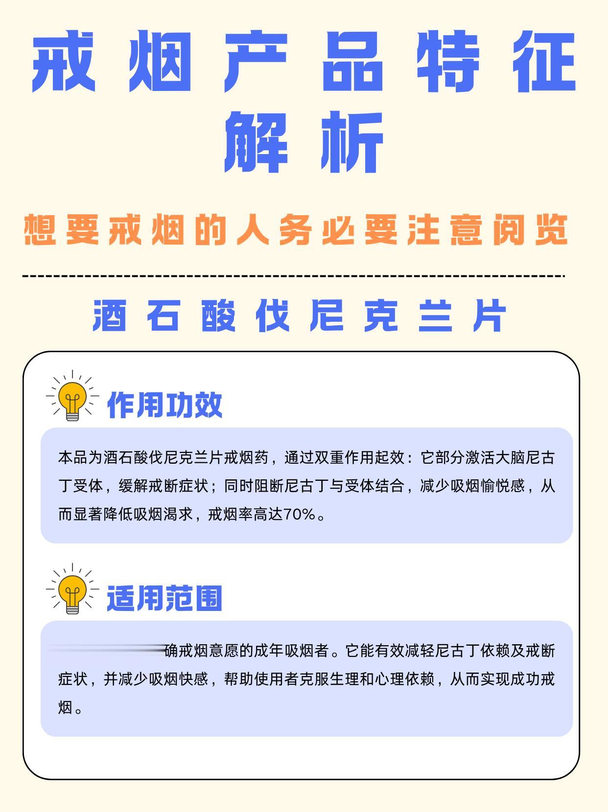 戒烟产品特征解析 酒石酸伐尼克兰片 作用功效：为戒烟药，通过双重作用起...