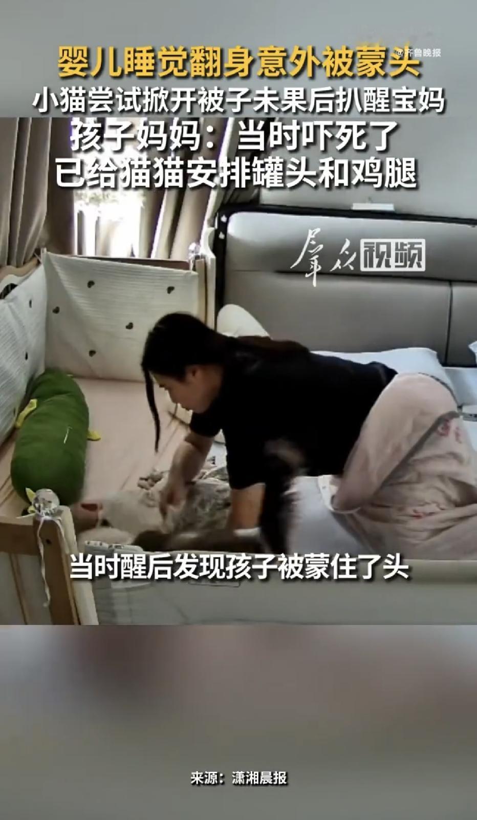 山东临沂，一女子和几个月大的宝宝正在熟睡，突然，被全家嫌弃的小猫似乎察觉到了什么