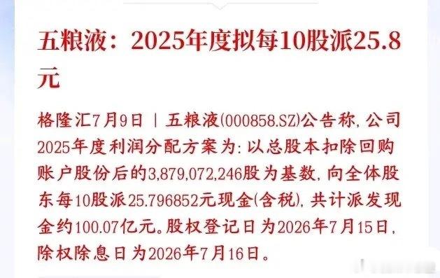 白酒板块开始自救了，龙头五粮液百亿分红五粮液敲定2025年分红方案：剔除自家回购