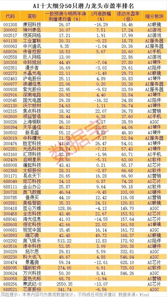 AI十大细分50只潜力龙头市盈率排名。
注：公开资料，不构成投资建议。