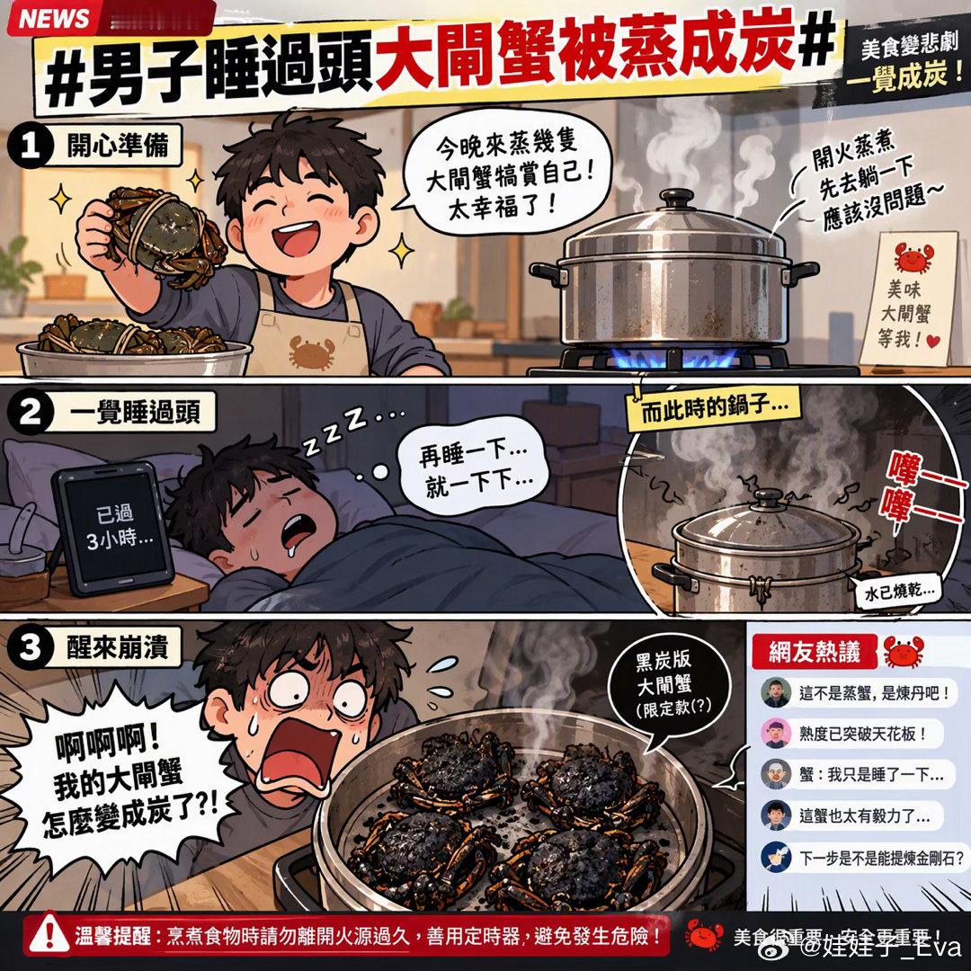 男子睡过头大闸蟹被蒸成炭近日一名男子在家蒸大闸蟹时，疑因过度疲劳不慎睡着，等到醒